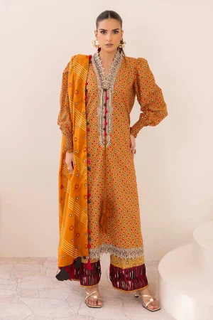 gold-printed-lawn-dupatta-embroidered-shirt-neckline-organza-trouser-gulahmed-cl-52640-front